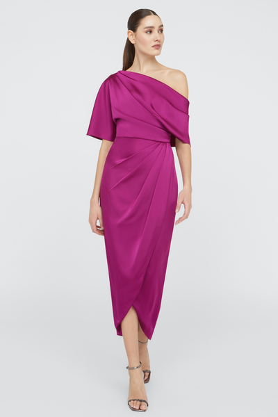 Rayna One Shoulder Draped Dress in Magenta by Theia Couture - RENTAL