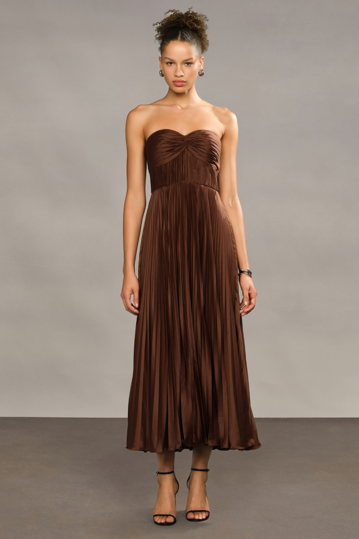 Belle Pleated Strapless Dress in Nutmeg by AMUR