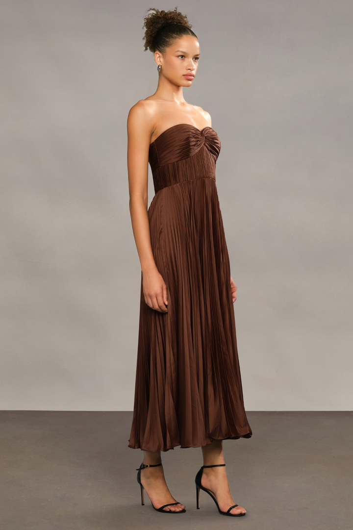 green emerald velvet dress Belle Pleated Strapless Dress in Nutmeg by AMUR