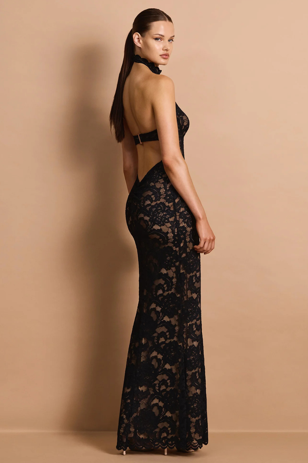 lace panel dobby mesh halter dress Dasha Gown by Nookie %20The%20product%20images%20(without%20model)%20are%20closest%20to%20the%20true%20color%20of%20the%20item Size:SMALL Homenesgenics Dresses for Women priority-02-papillon-sheer-ankle-gown-parchment