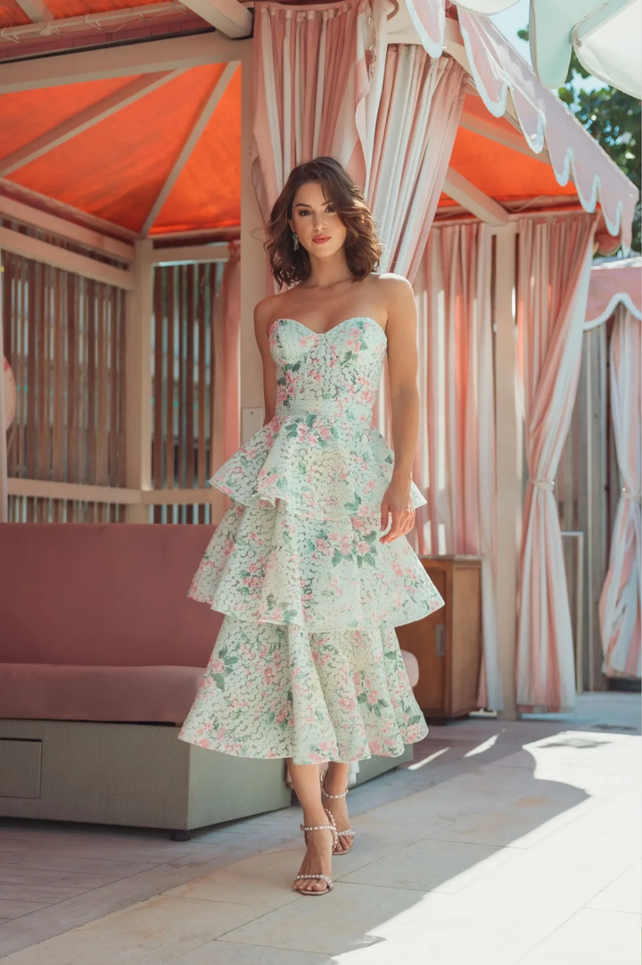 Sadie Strapless Tiered Midi Dress by Mac Duggal