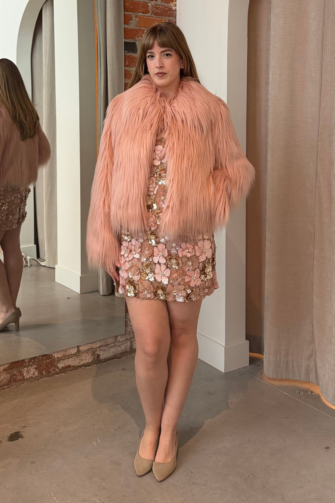 Fallon Faux Fur Jacket in Dusty Pink by LoveShackFancy - RENTAL