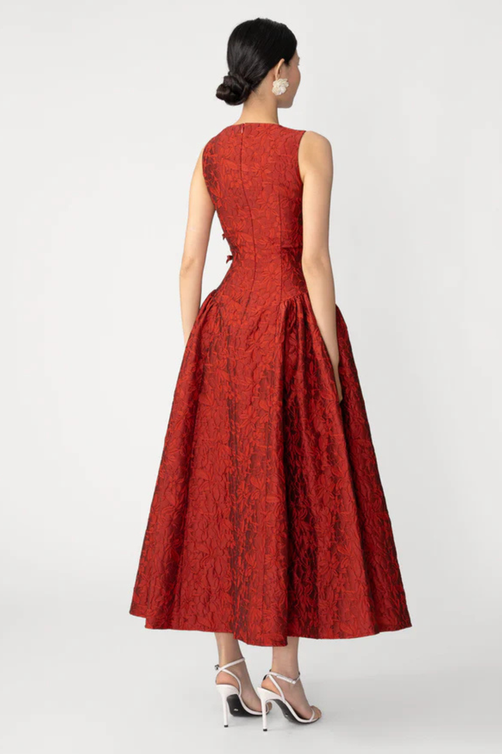 slim fit dress slacks Red Floral Jacquard A Line Dress – Ah Là Laà Lifestyle Boutique main image 1