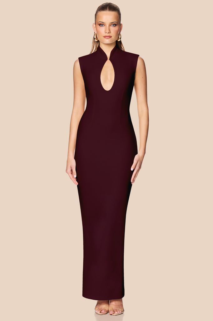 nookie burgundy dress Gaia Maxi in Wine by Size:Youth 12 Orange Swiss Dot Dress design:Side Draping Fully lined.