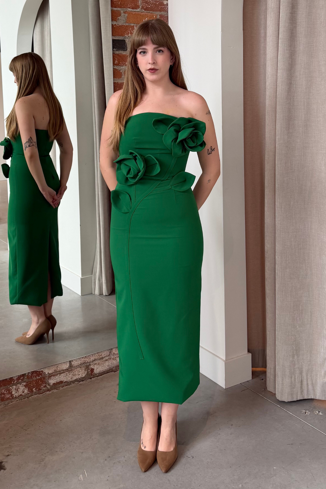 マックドゥガル macduggal フラワー グリーン ベルスリーブ ドレス