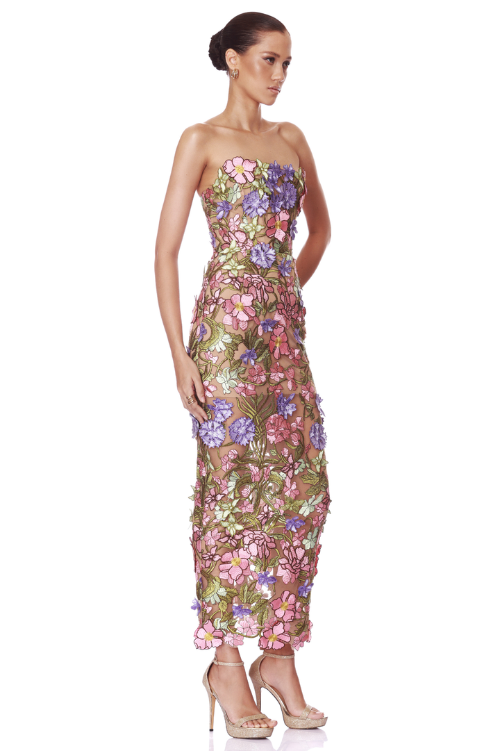 bariano special effects purple floral print maxi dress Sorrento 3D Floral Strapless Maxi Dress by Bronx and Banco