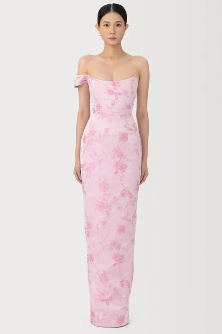 Jackson Jacquard Gown in Pink Floral by Sau Lee - Destination Black Tie Dress Rental