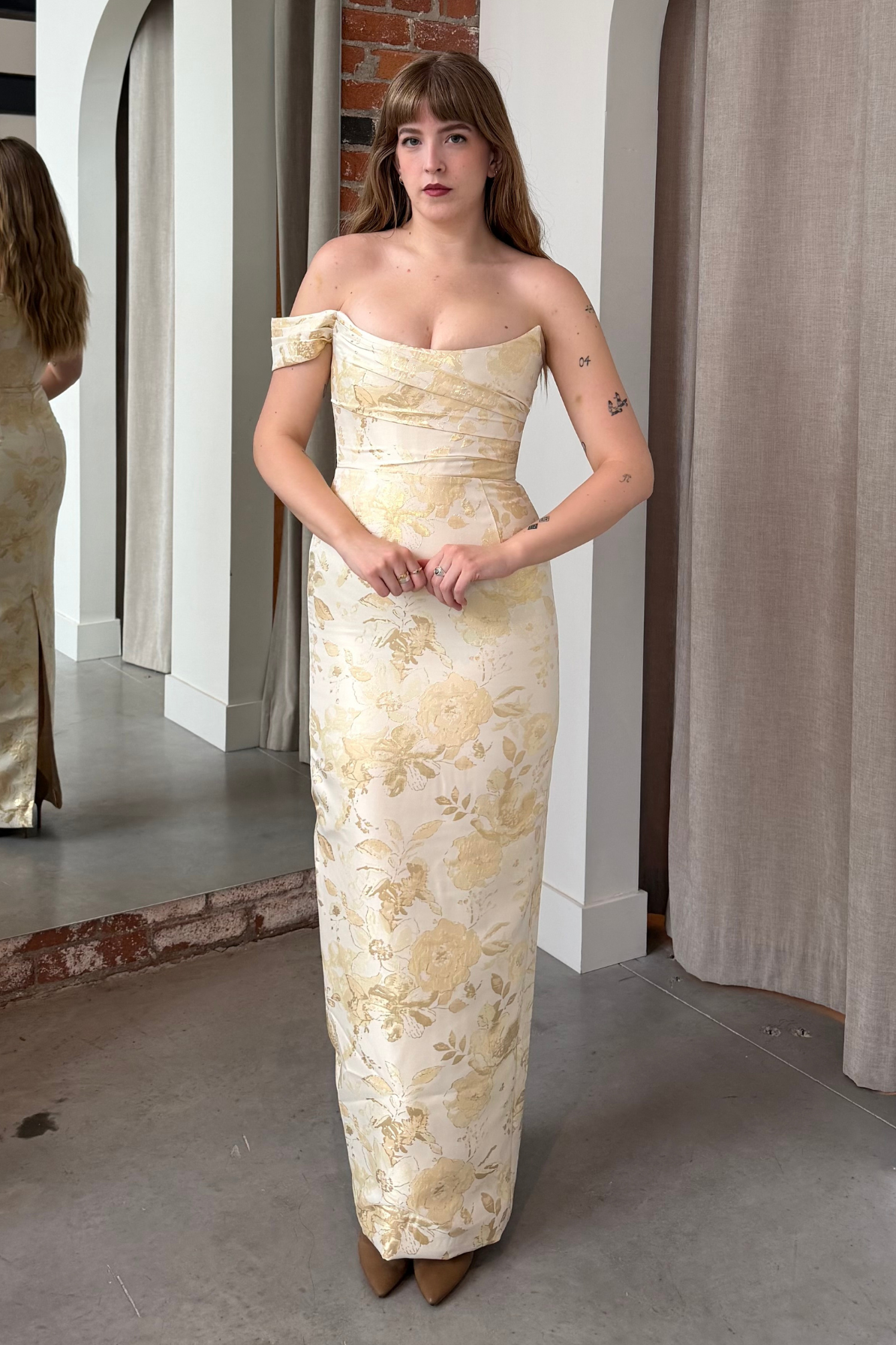 Jackson Jacquard Gown in White Gold by Sau Lee