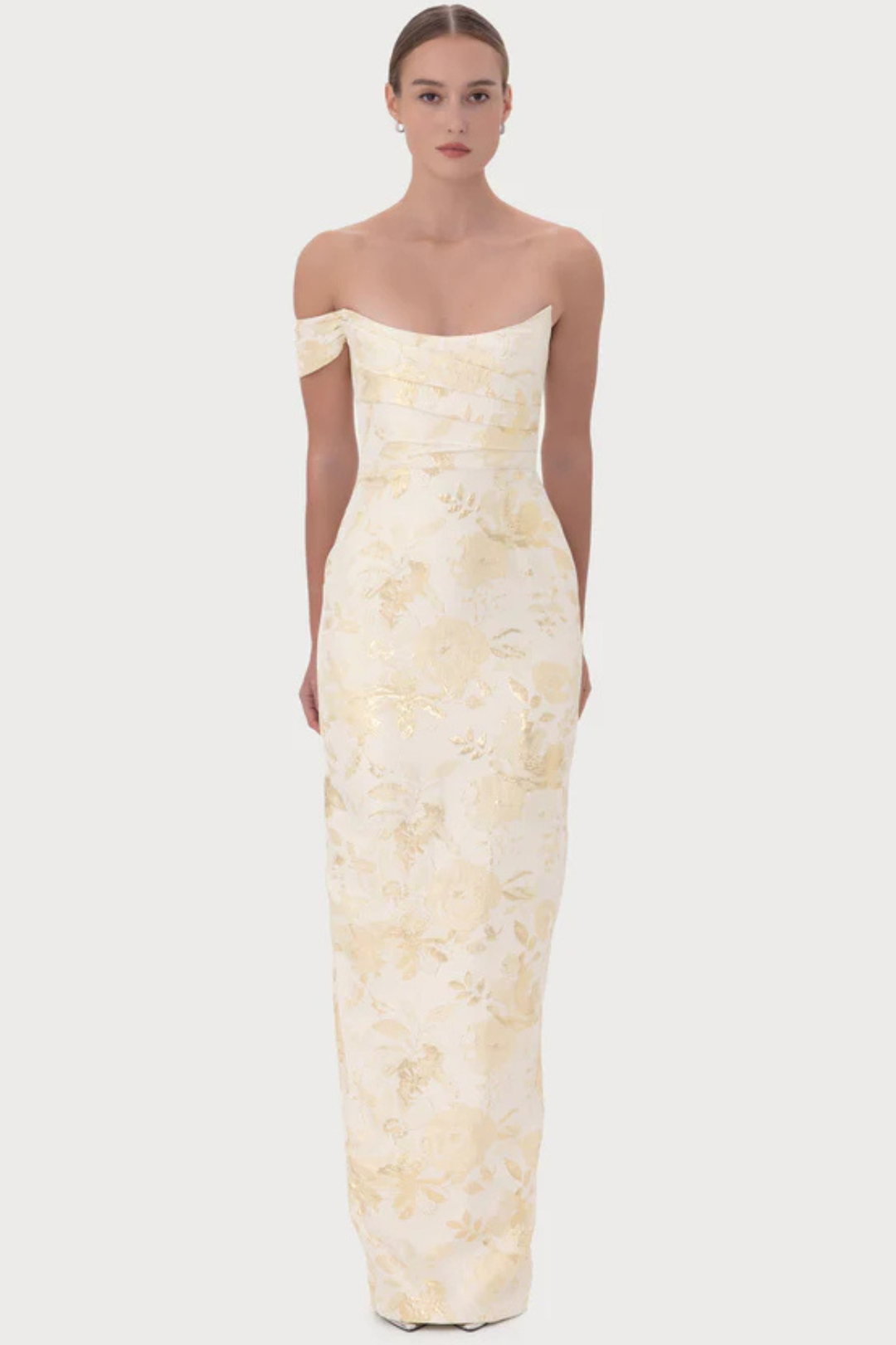 Jackson Jacquard Gown in White Gold by Sau Lee - RENTAL The Fitzroy Jackson Jacquard Gown in White Gold by Sau Lee - RENTAL The Fitzroy