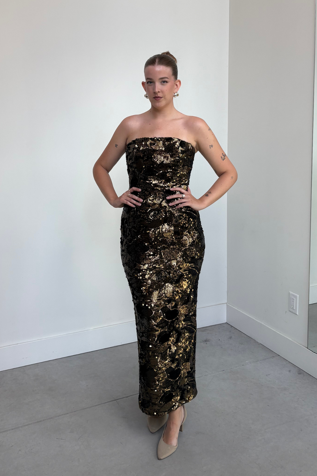 Leslie Dress in Antique Gold by HELSI - RENTAL The Fitzroy Leslie Dress in Antique Gold by HELSI - RENTAL The Fitzroy