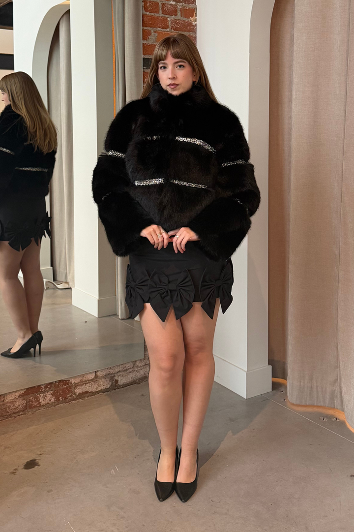 Manby Embellished Faux Fur Jacket in Black by LoveShackFancy