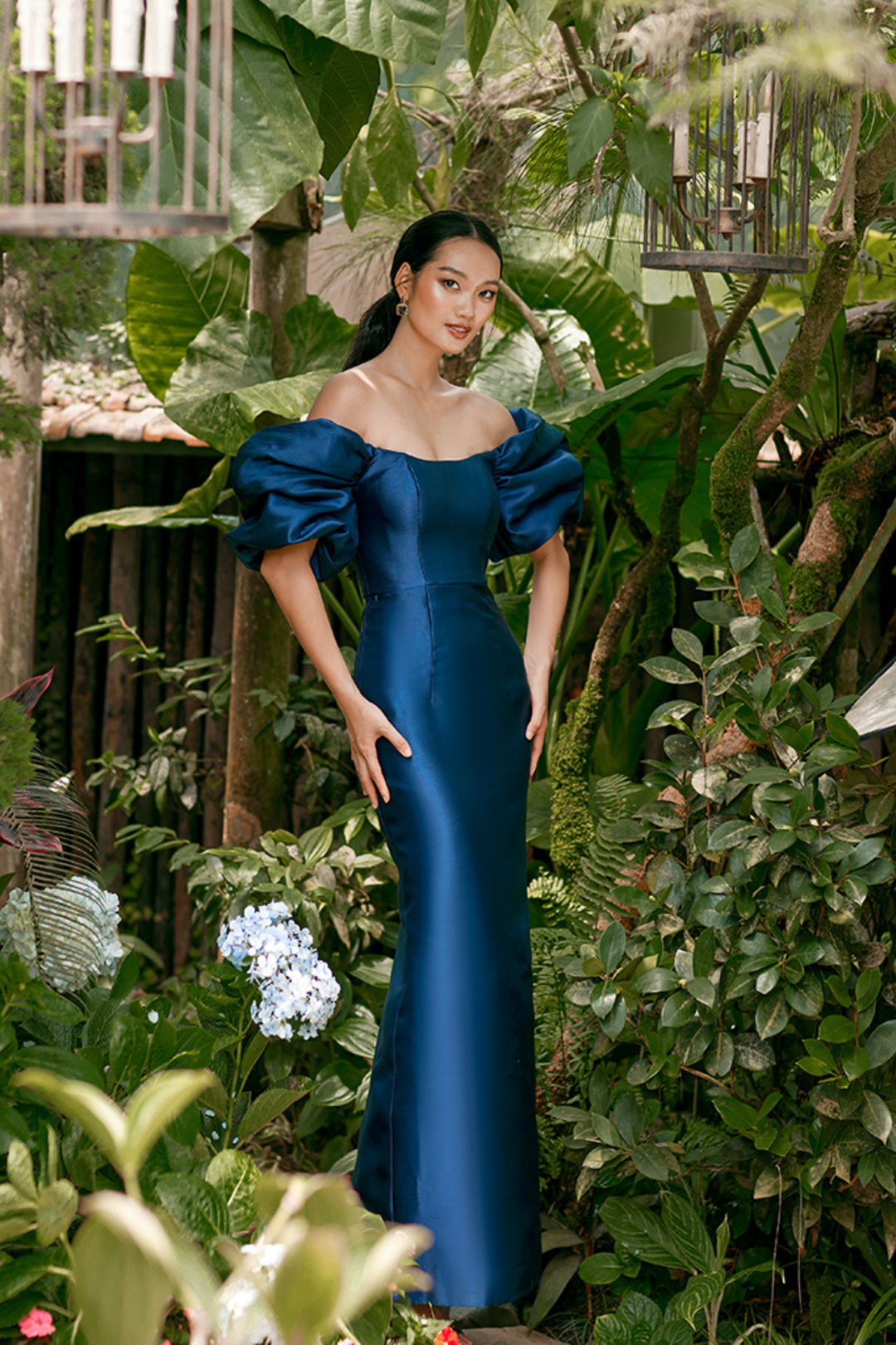 bariano blue dress Meredith Puff Sleeve Navy Gown by (Petite Length) Meredith puff
