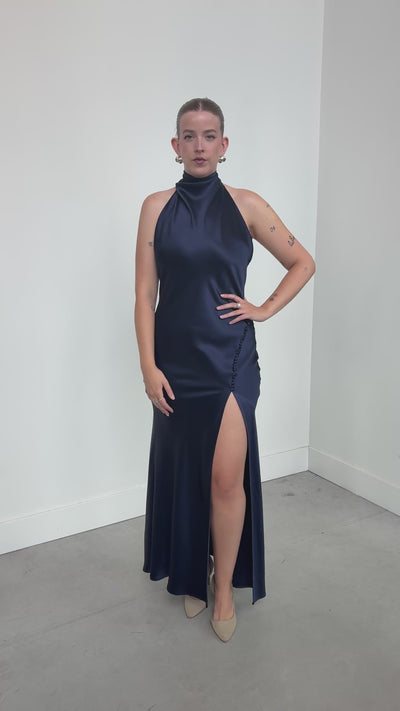 Penelope Satin Gown in Navy (Petite Length) by Sau Lee - RENTAL