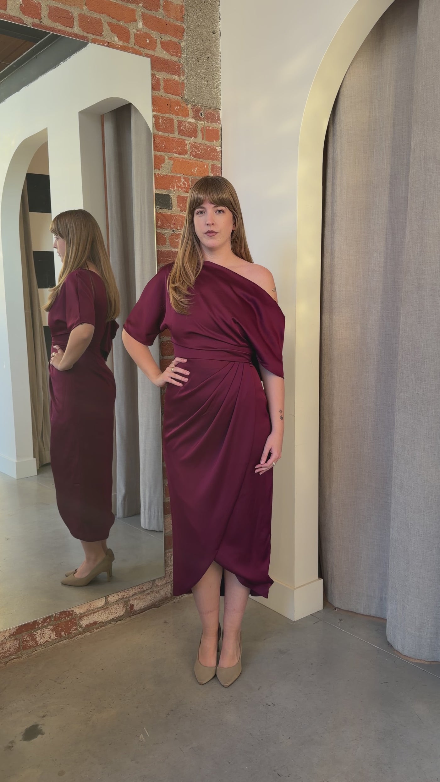Rayna One Shoulder Draped Dress in Oxblood by Theia Couture - RENTAL