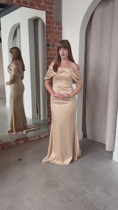 Sesry Off Shoulder Champagne Gown by Bariano - RENTAL