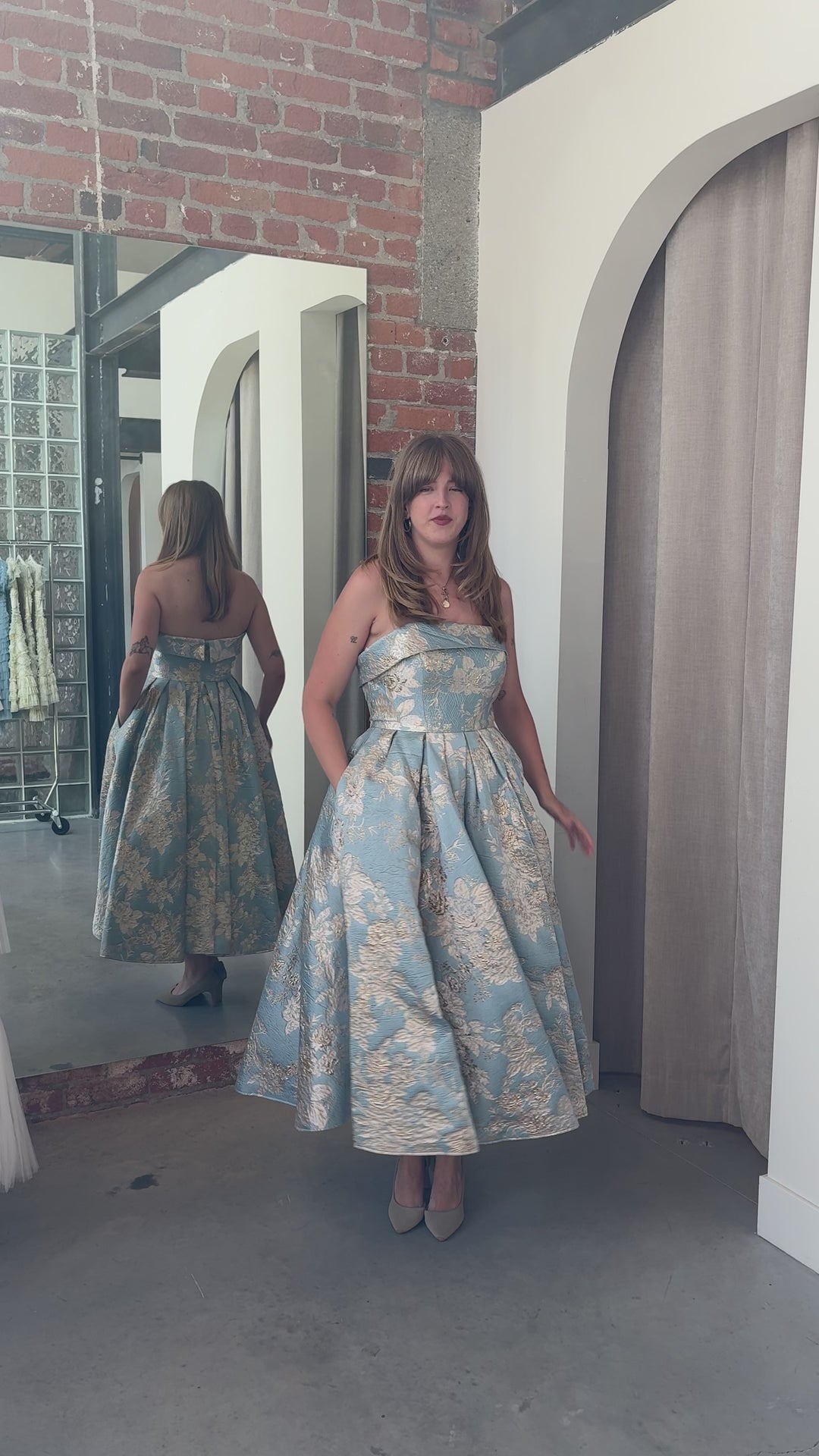 gold strapless brocade midi dress with pockets reviews It Was All A Dream Emerald Green Brocade Strapless Midi Dress – Shop the  Mint main image 1