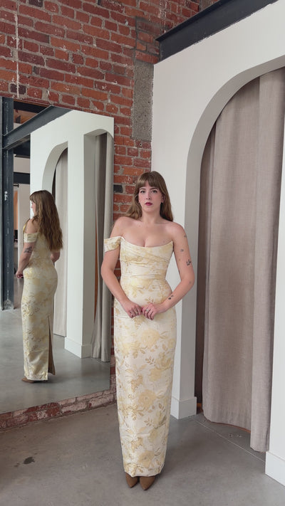 Jackson Jacquard Gown in White Gold by Sau Lee - RENTAL  The Fitzroy