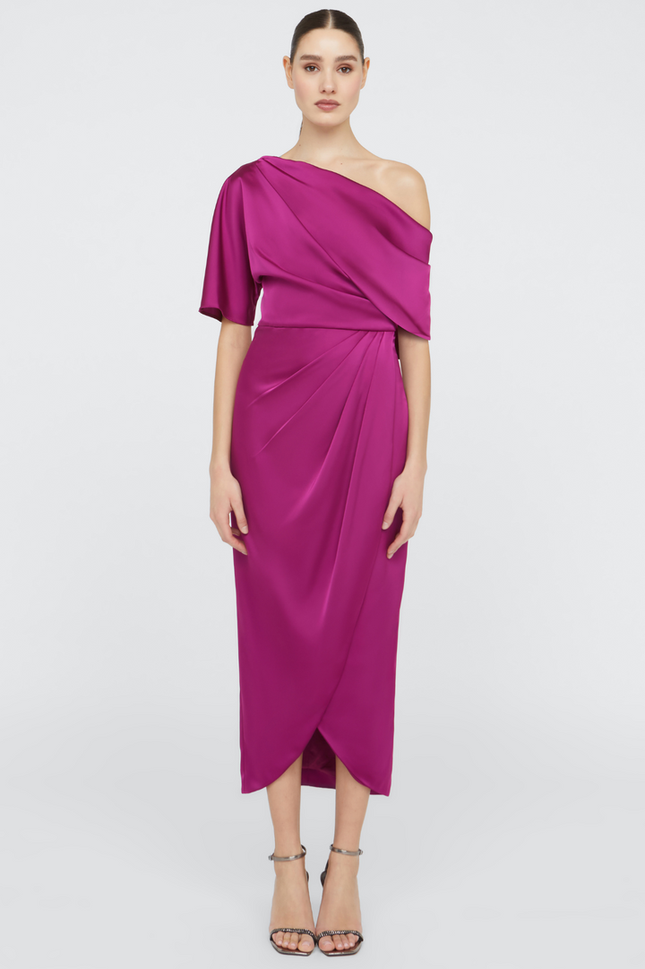 Rayna One Shoulder Draped Dress in Magenta by Theia Couture - Cocktail Dress Rental