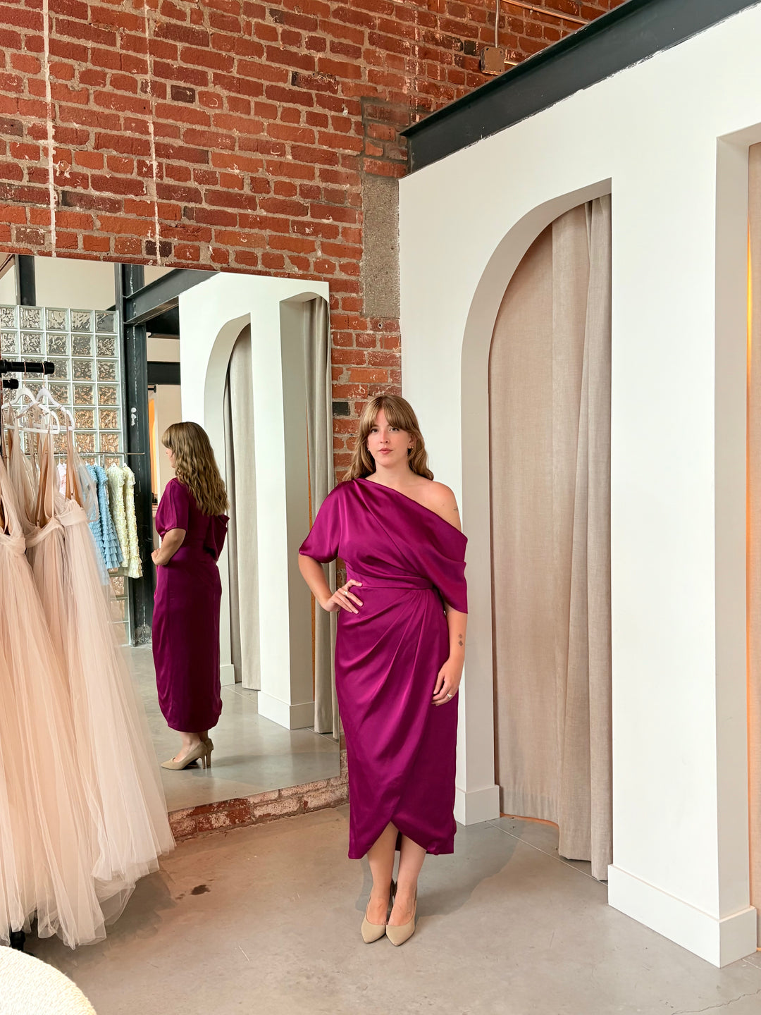 magenta one shoulder dress Rayna One Shoulder Draped Dress in Magenta by Theia Couture
