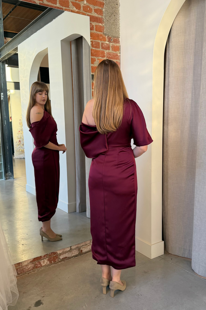 Rayna One Shoulder Draped Dress in Oxblood by Theia Couture