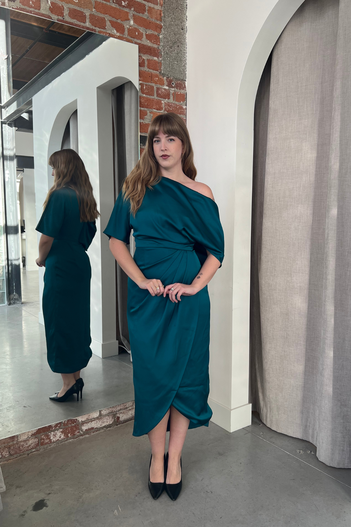 one shoulder drape dress Rayna One Shoulder Draped Dress in Teal by Theia Couture