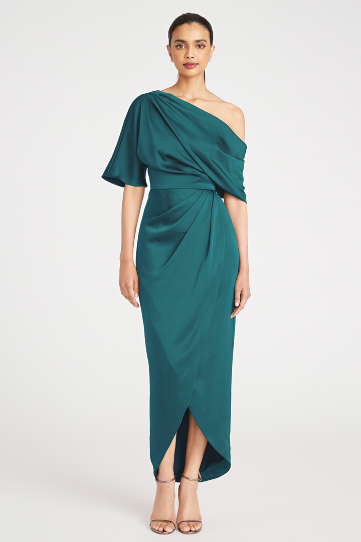 Rayna One Shoulder Draped Dress in Teal by Theia Couture