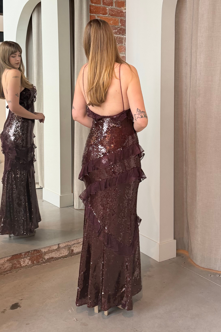Rialto Sequin Maxi Dress in Bordeaux by LoveShackFancy - RENTAL The Fitzroy Rialto Sequin Maxi Dress in Bordeaux by LoveShackFancy - RENTAL The Fitzroy