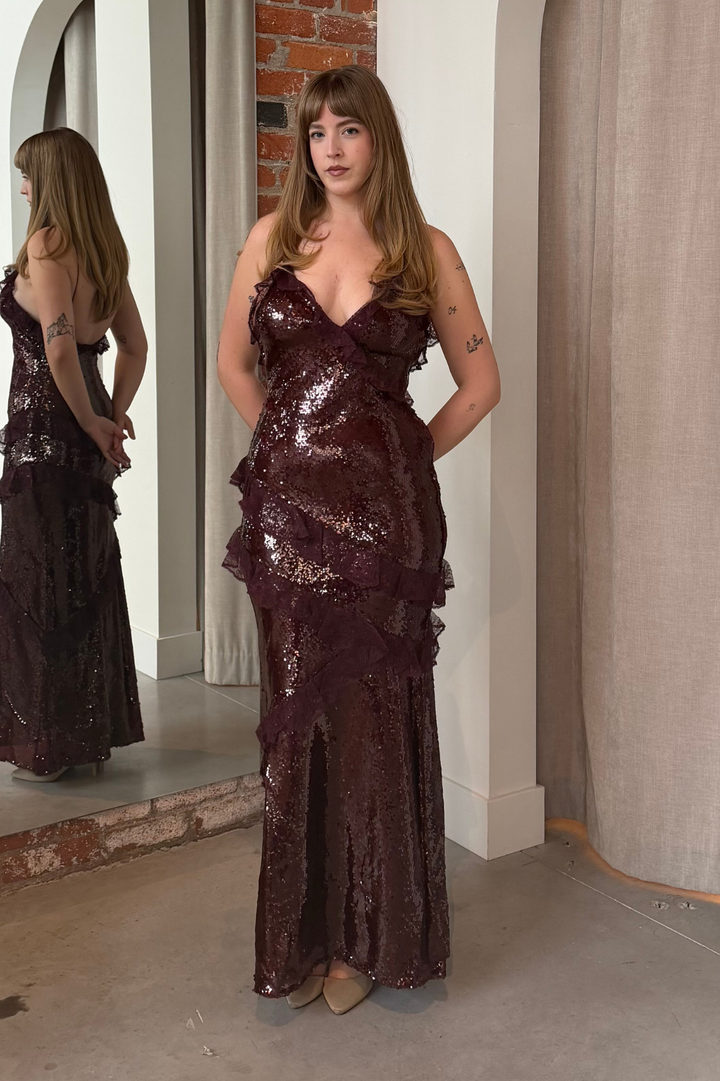 rialto maxi dress Rialto Sequin Maxi Dress in Bordeaux by LoveShackFancy