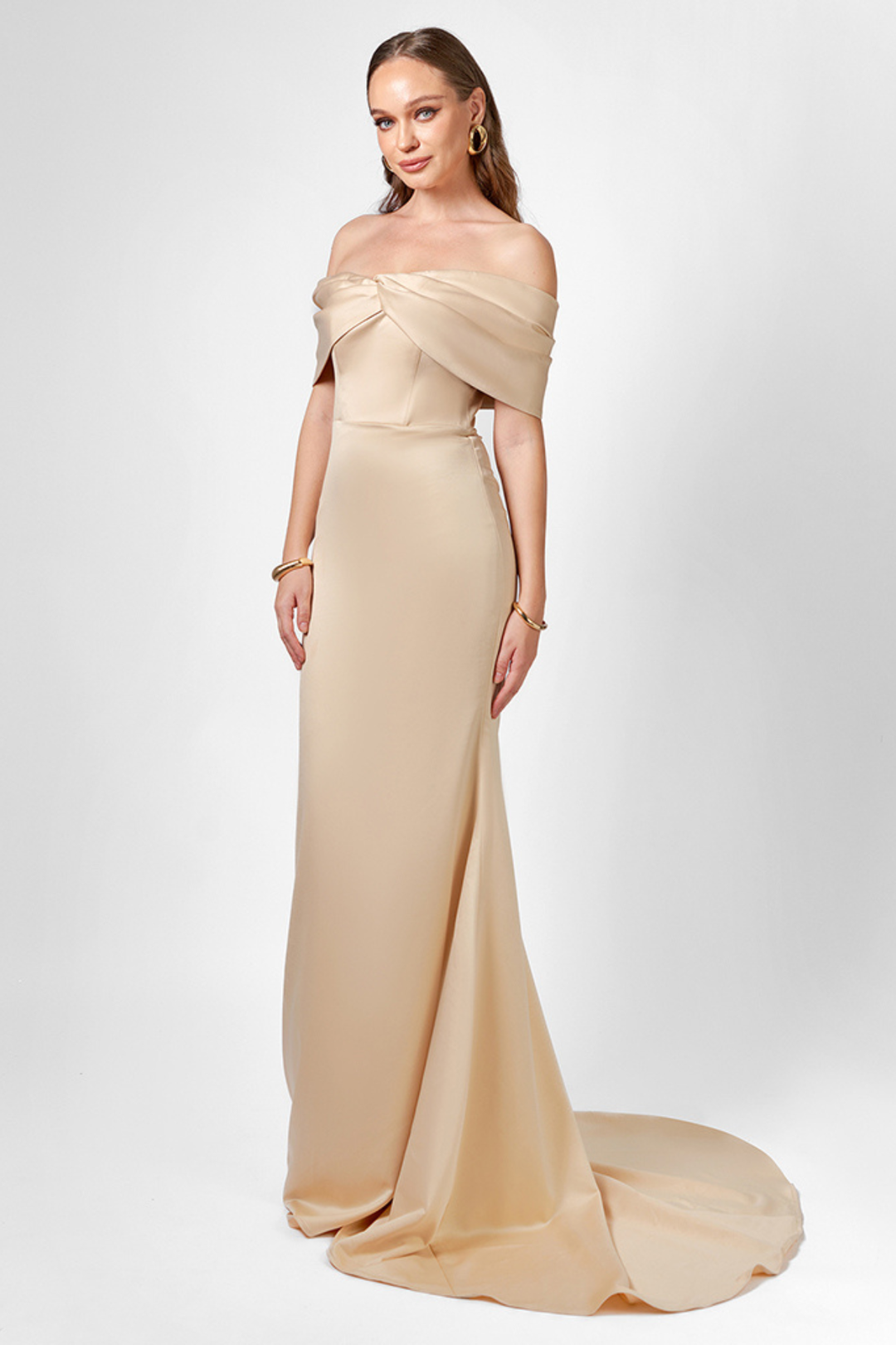 bariano evening dresses Sesry Off Shoulder Champagne Gown by Bariano