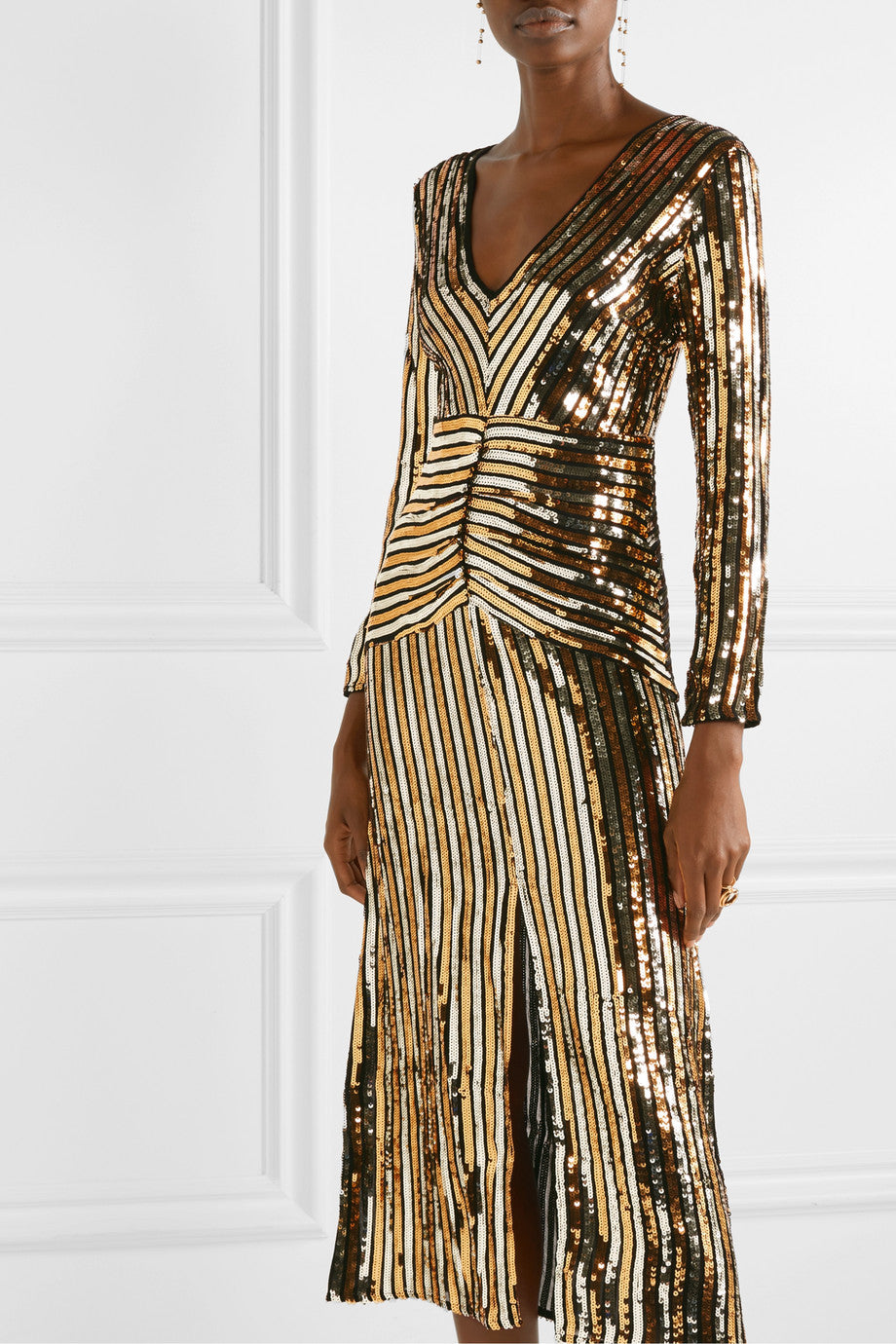 Emmy Gold Sequin Stripe Midi Dress by Rixo London - RENTAL
