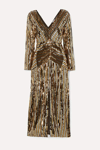 Emmy Gold Sequin Stripe Midi Dress by Rixo London - RENTAL