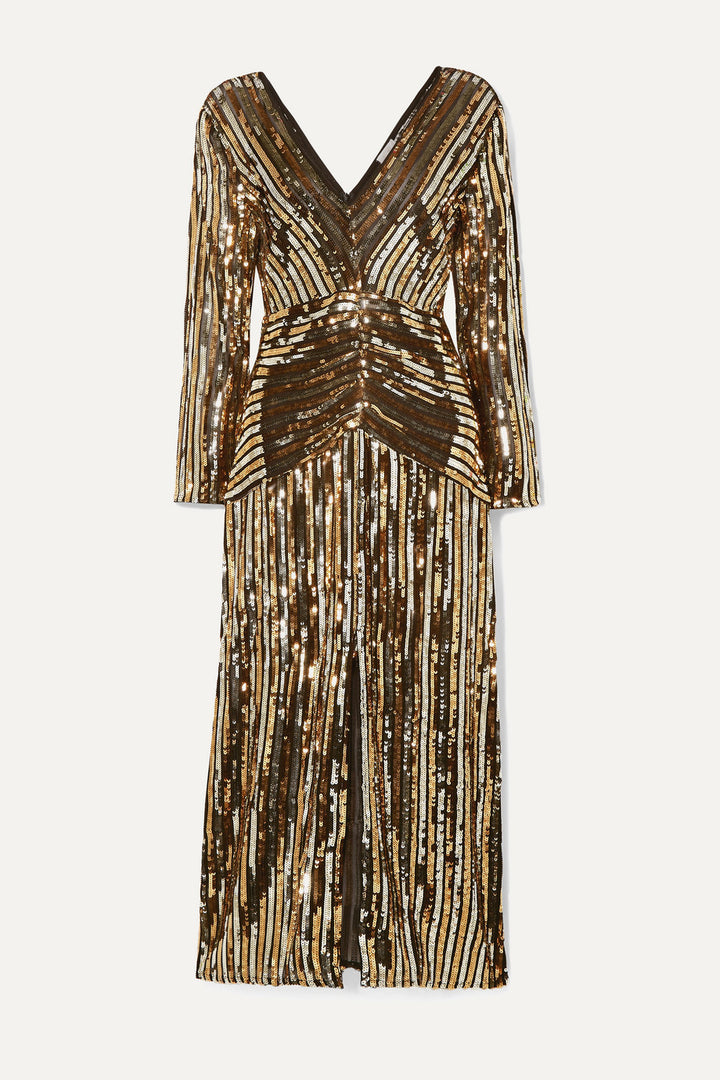 rixo gold dress RIXO Sandrine Satin Midi Gold