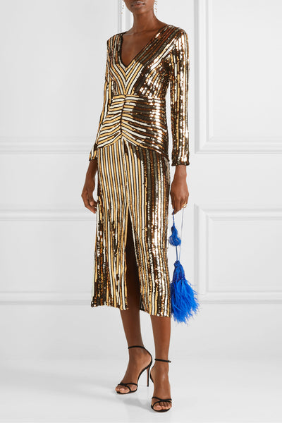 Emmy Gold Sequin Stripe Midi Dress by Rixo London - FINAL SALE