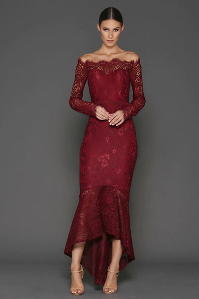 Burundy Lace Off The Shoulder Gown by Elle Zeitoune Toronto