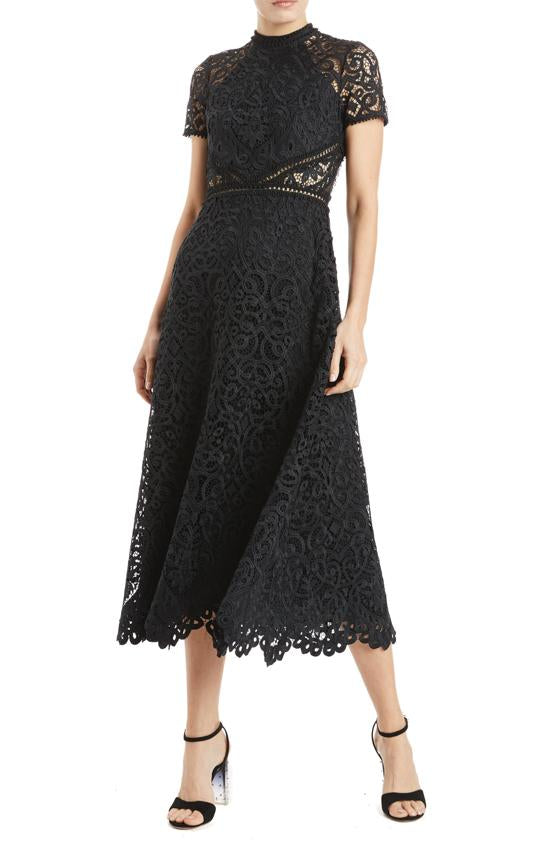 Georgina Lace Midi Dress in Black by ML Monique Lhuillier - RENTAL