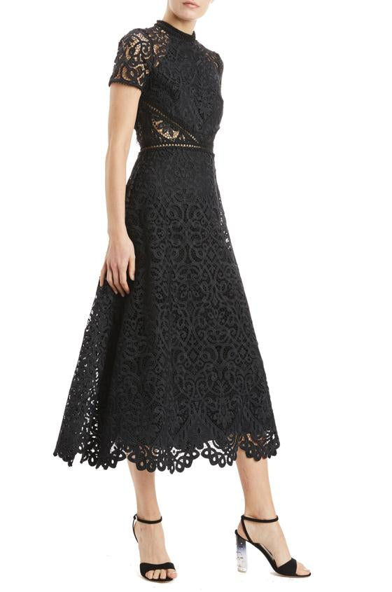 Georgina Lace Midi Dress in Black by ML Monique Lhuillier RENTAL The Fitzroy
