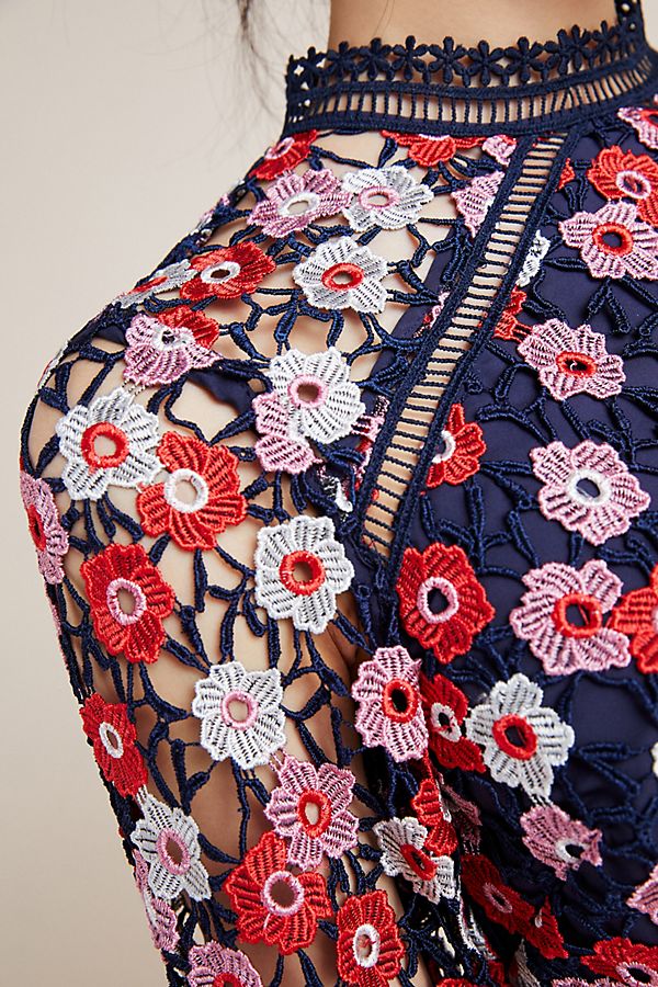 Poppy Long Sleeve Lace Applique Floral Mini Dress by ML Monique Lhuillier - RENTAL