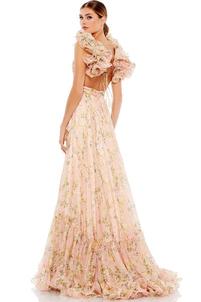 RUFFLE TIERED FLORAL CUT-OUT CHIFFON GOWN MAC DUGGAL