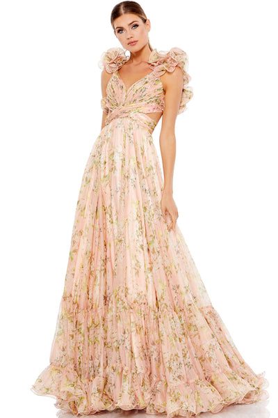 MAC DUGGAL RUFFLE TIERED FLORAL CUT-OUT CHIFFON GOWN