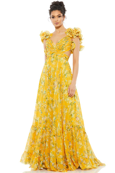 MAC DUGGAL YELLOW RUFFLE TIERED FLORAL CUT-OUT CHIFFON GOWN