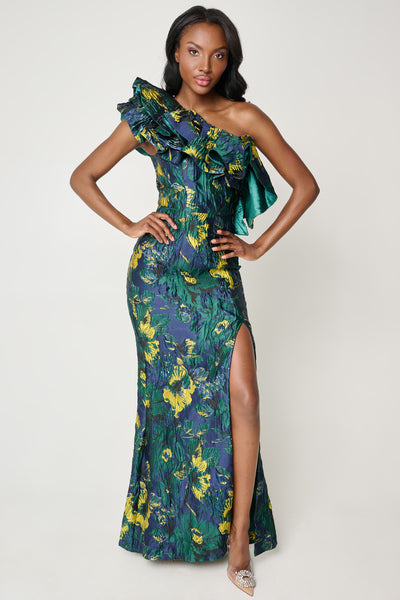 Bonne Nuit One Shoulder Gown in Emerald by Bariano - RENTAL