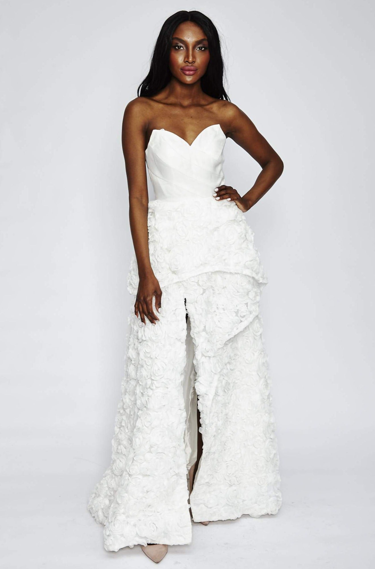 white strapless gown by Bariano