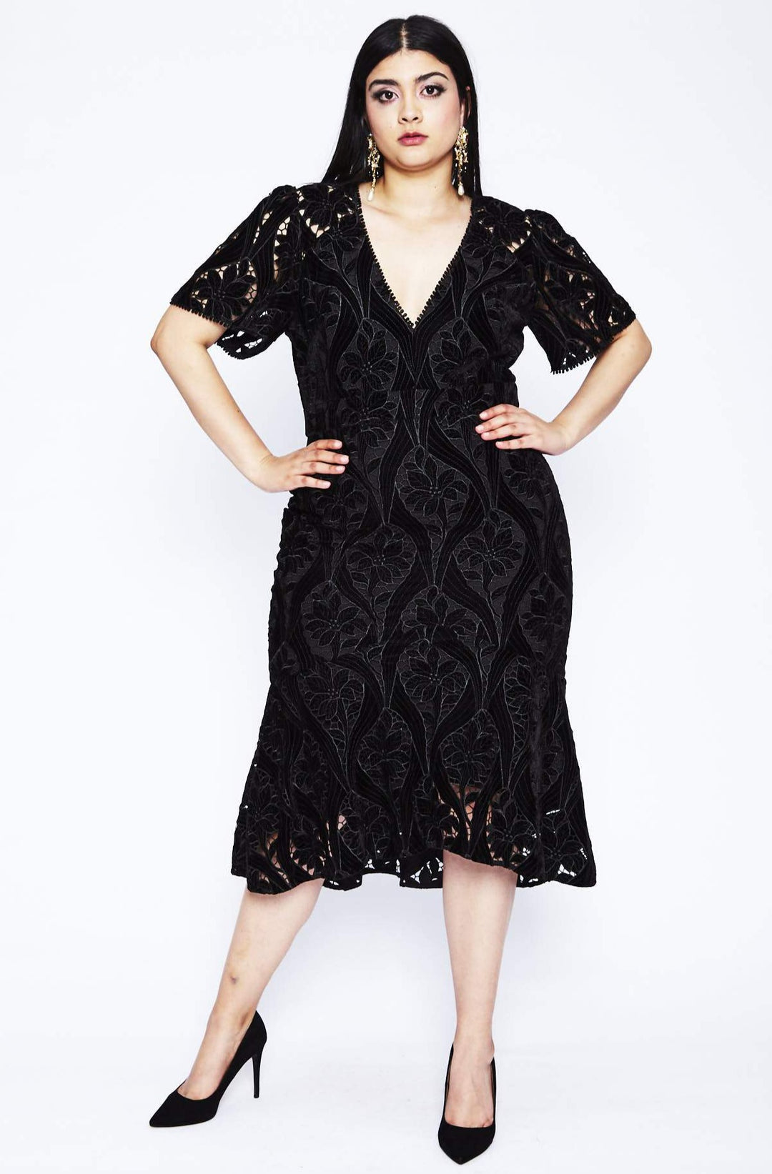 ml monique lhuillier velvet ruffle hem midi dress Virginia Velvet Contrast Midi Dress by ML Monique Lhuillier