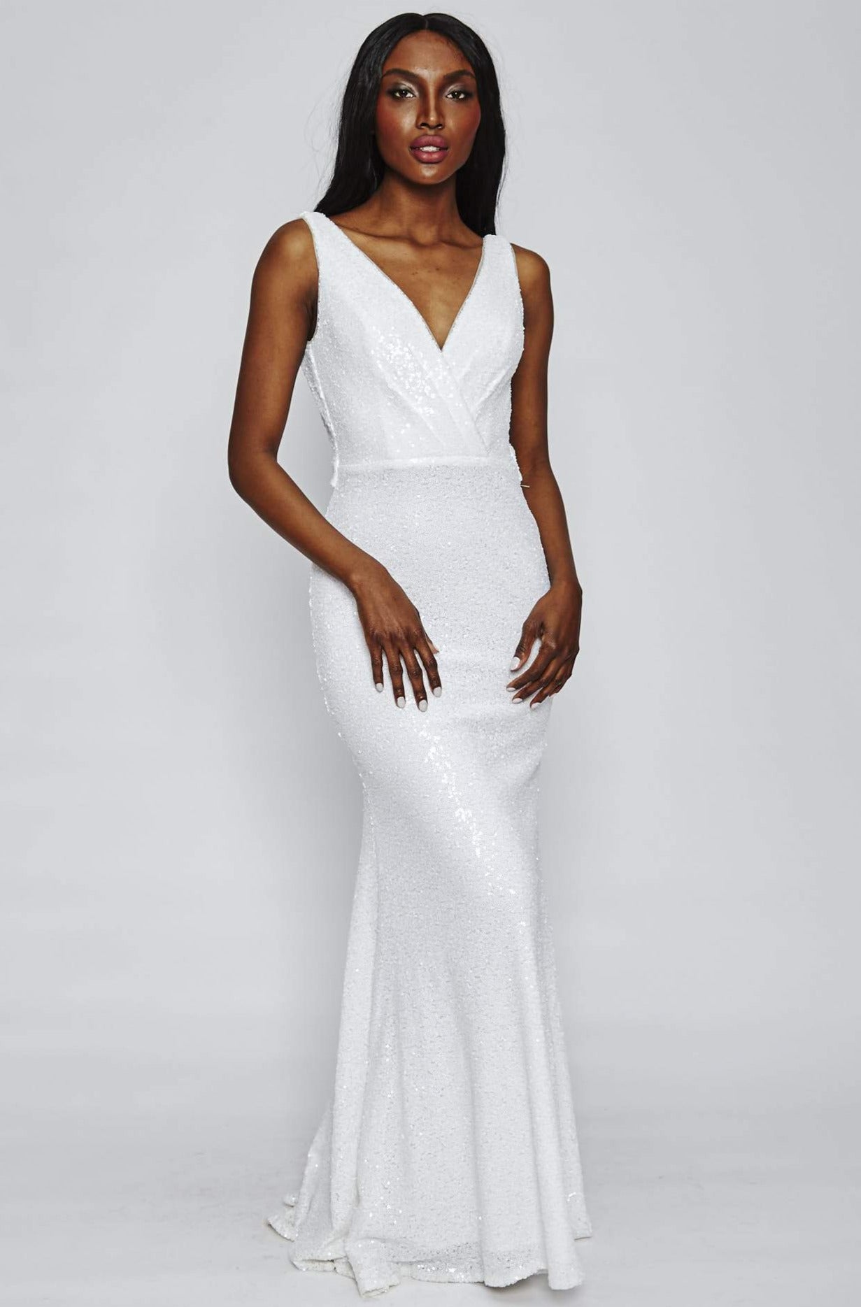 Sun White Sequin Cowl Back Gown by Theia Couture - RENTAL