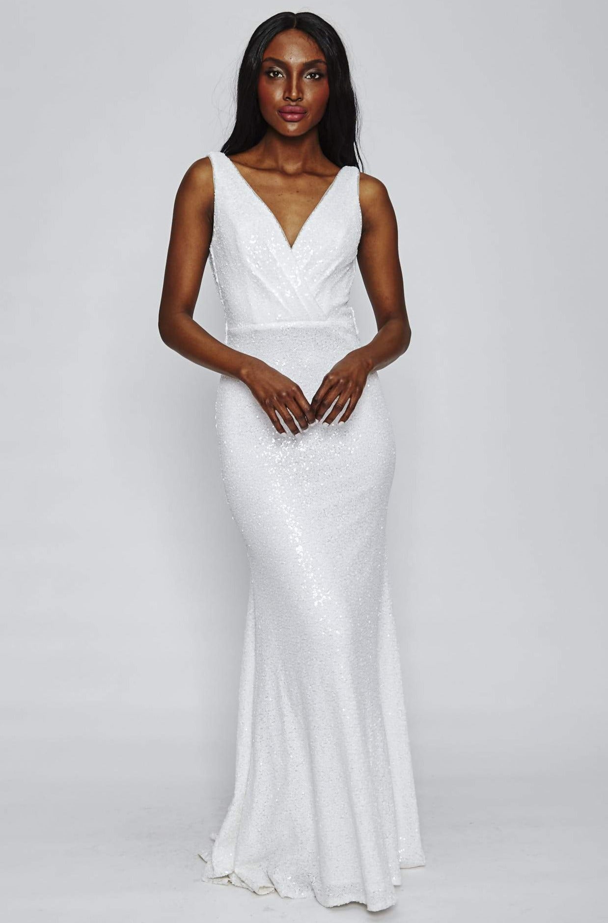 Sun White Sequin Cowl Back Gown by Theia Couture - RENTAL