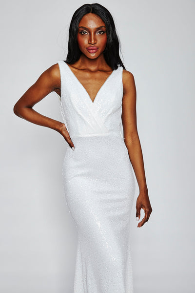 Sun White Sequin Cowl Back Gown by Theia Couture - RENTAL