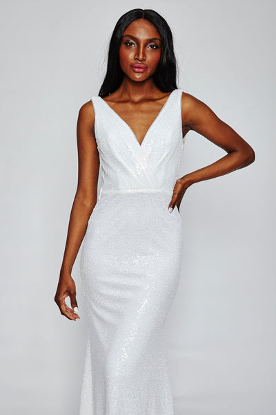 Sun White Sequin Cowl Back Gown by Theia Couture - RENTAL