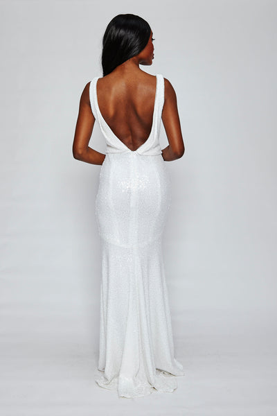 Sun White Sequin Cowl Back Gown by Theia Couture - RENTAL