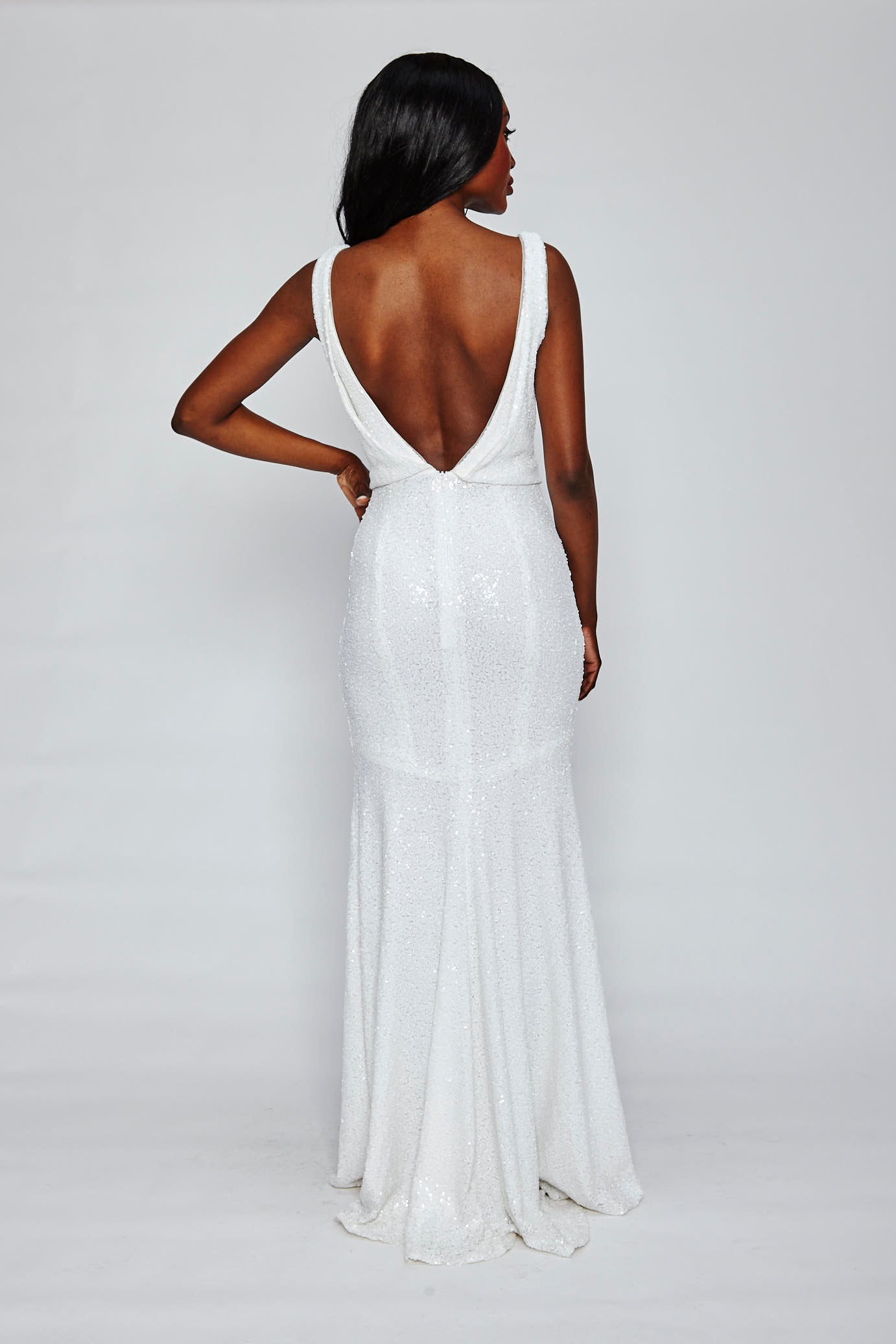 Sun White Sequin Cowl Back Gown by Theia Couture - RENTAL