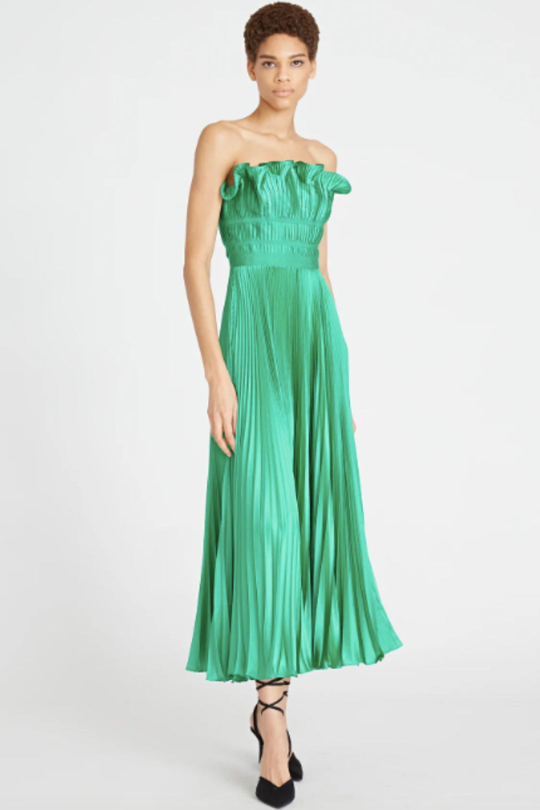 Giada Pleated Strapless Dress in Green by AMUR - RENTAL The Fitzroy Giada Pleated Strapless Dress in Green by AMUR - RENTAL The Fitzroy